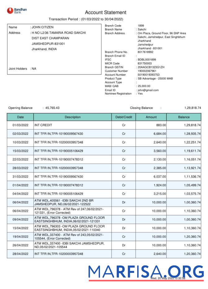 Blank India Bandhan bank statement word 2 pages template